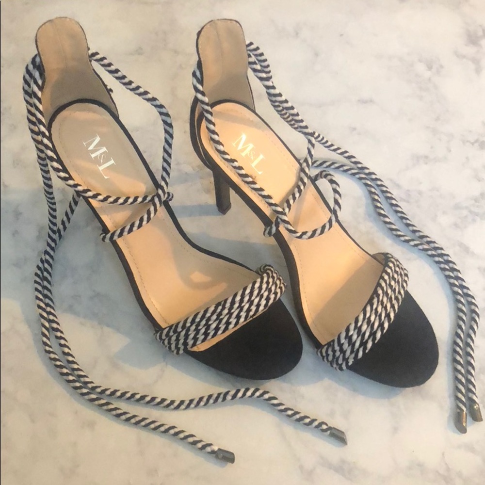 Black and white rope lace up heel sandal